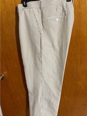 Men's Beige and White Seersucker Dress Pants